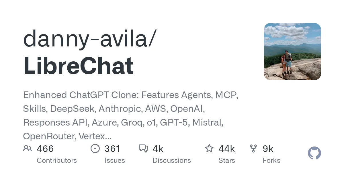 Card for the LibreChat repository on GitHub, with 44 thousand stars
