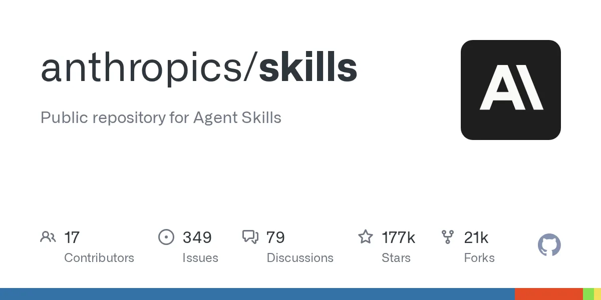 Card for the anthropics/skills repository on GitHub, with 176 thousand stars
