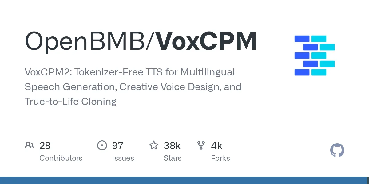 Card for the VoxCPM repository on GitHub, with 37 thousand stars
