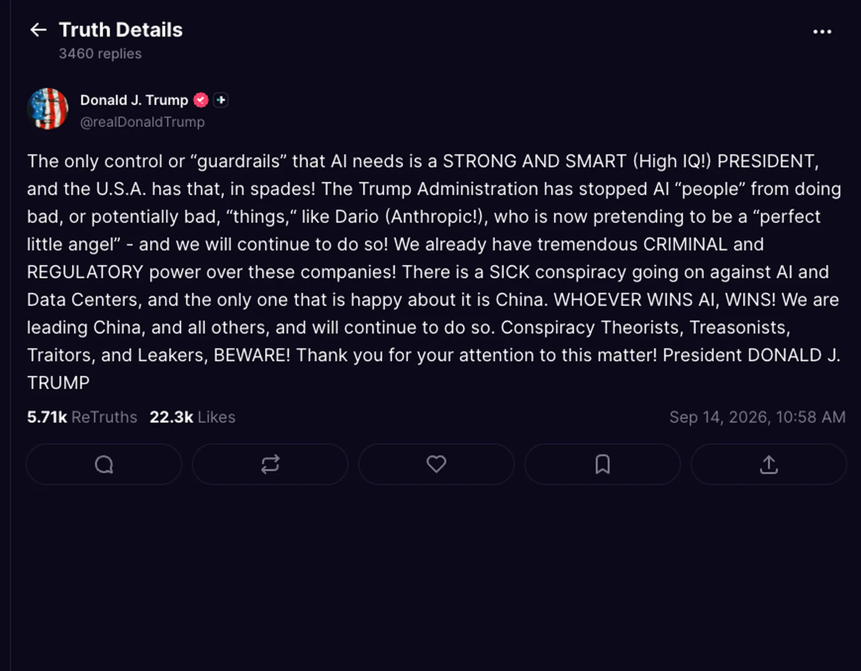 Donald Trump's Truth Social post on September 14, 2026, saying the only guardrail AI needs is a strong and smart president