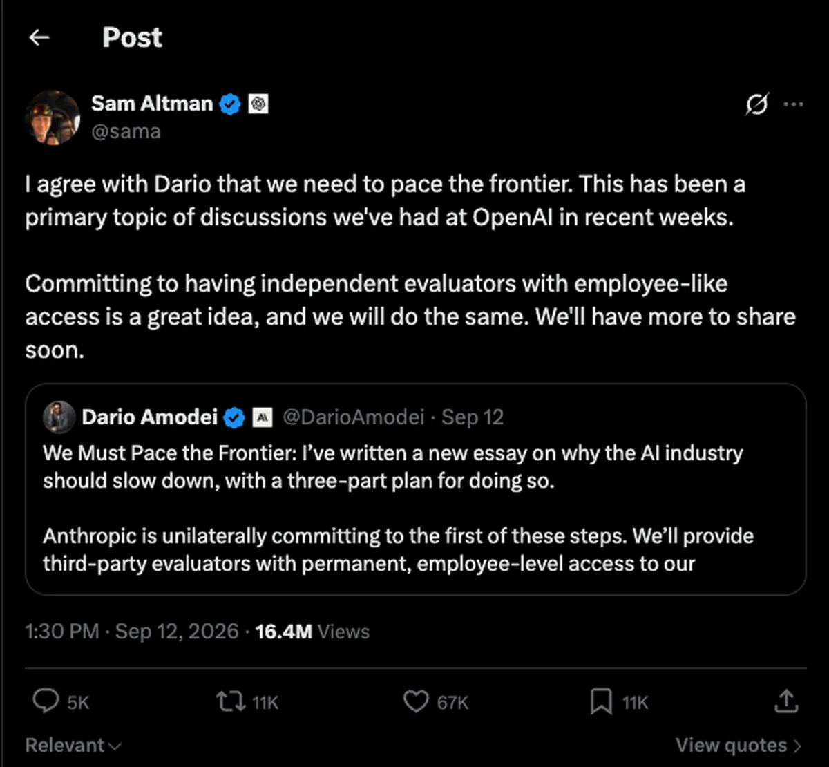 Sam Altman's post on X agreeing with Dario and committing OpenAI to the same step