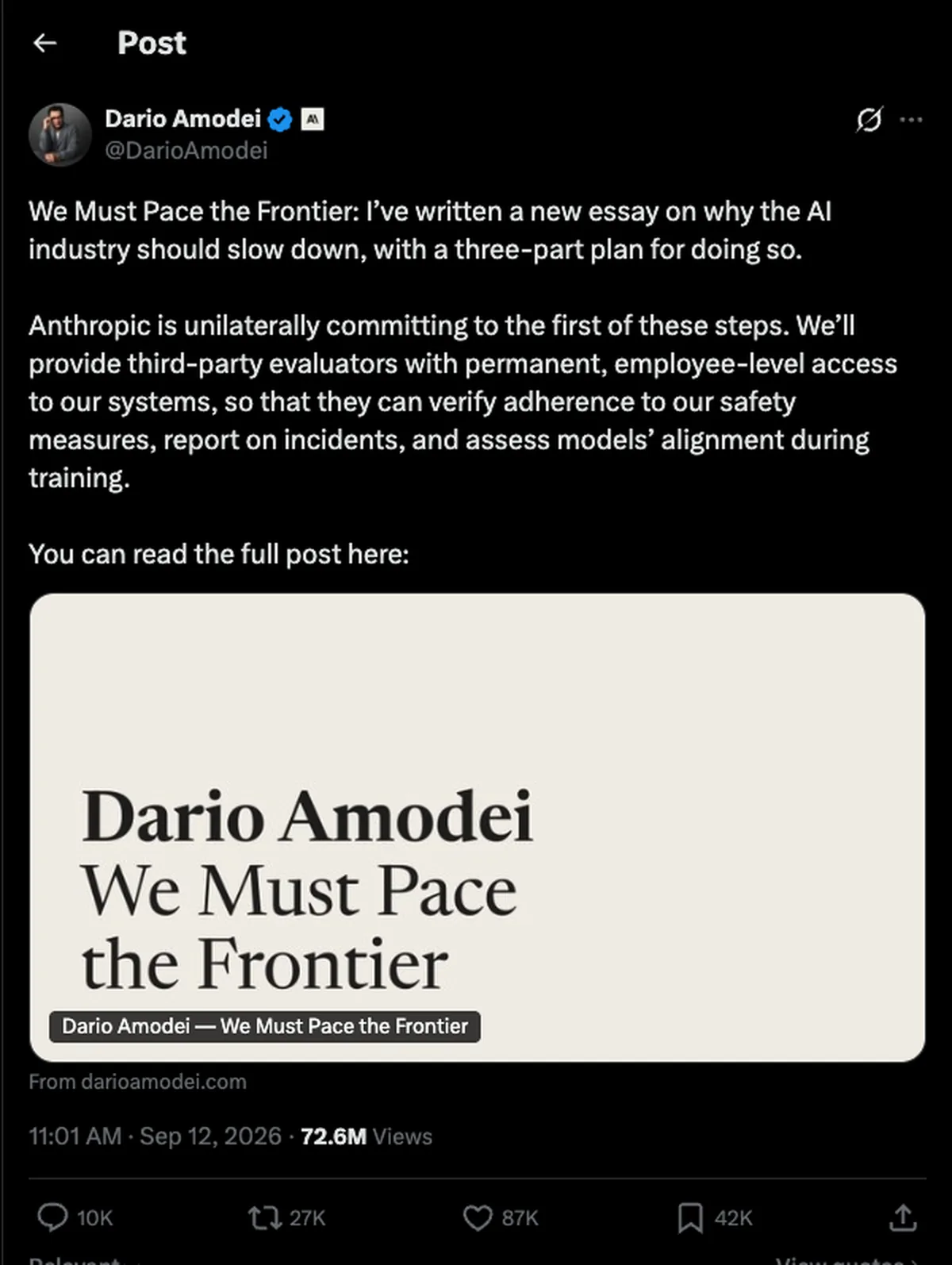 Dario Amodei's post on X on September 12, 2026, announcing the essay We Must Pace the Frontier